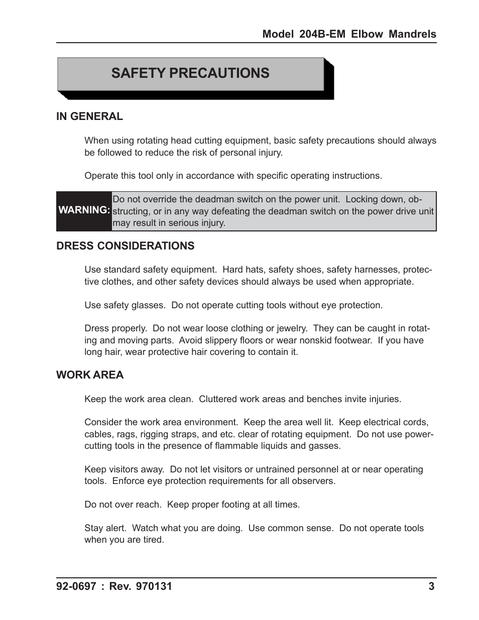 Safety precautions | Tri Tool 204B Elbow Mandrel User Manual | Page 3 / 16