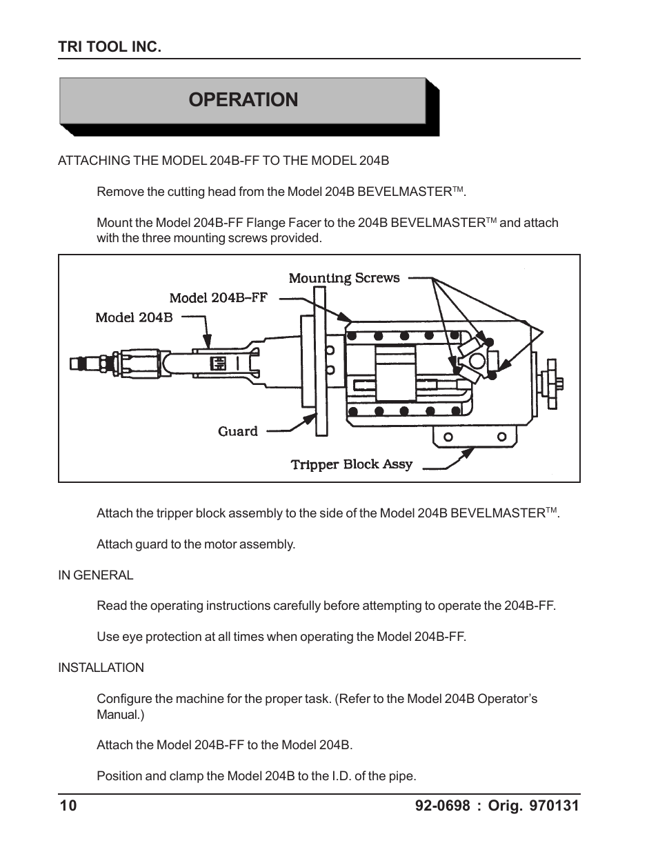 Operation | Tri Tool 204B Flange Facer User Manual | Page 10 / 21