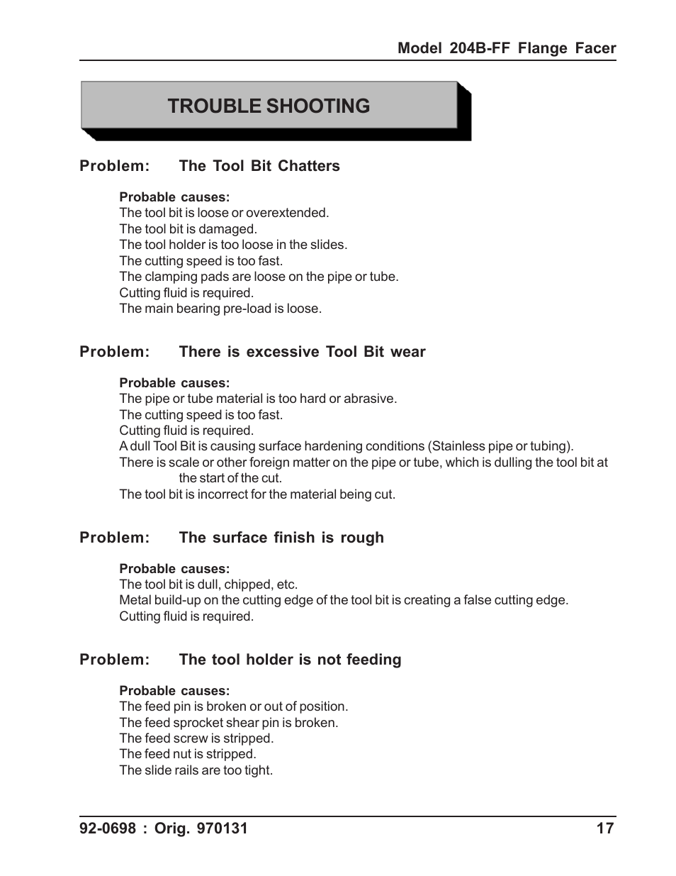 Trouble shooting | Tri Tool 204B Flange Facer User Manual | Page 17 / 21