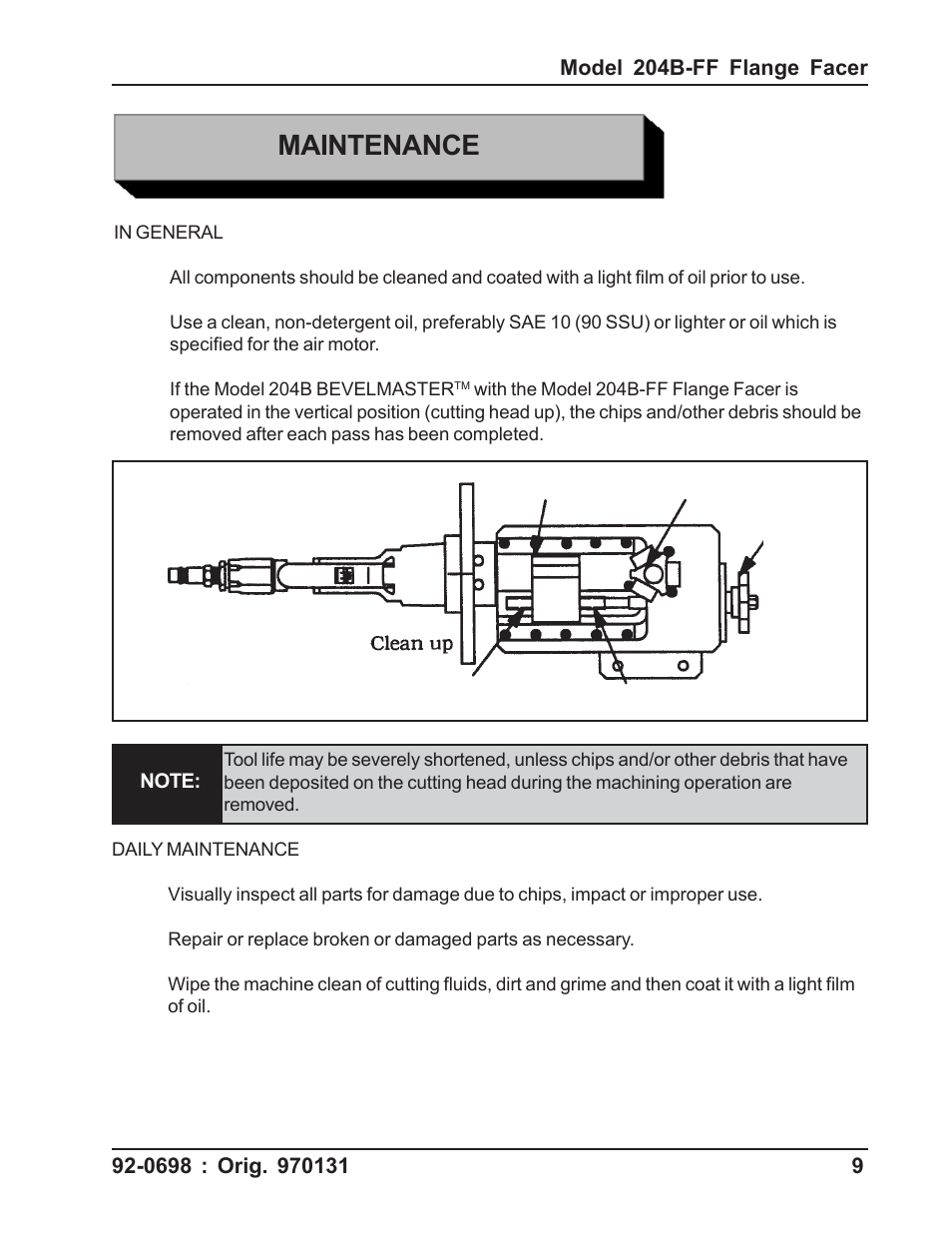 Maintenance | Tri Tool 204B Flange Facer User Manual | Page 9 / 21