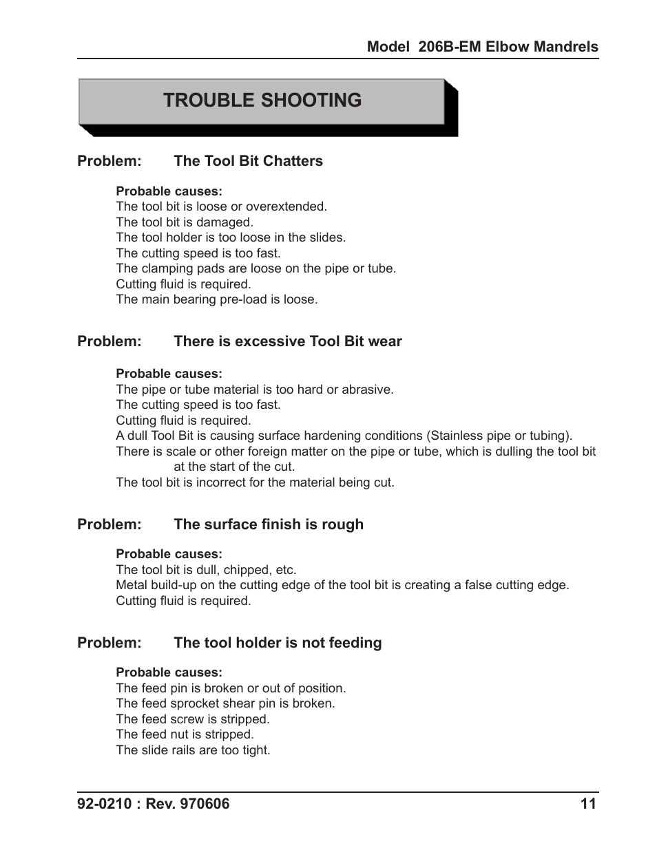 Trouble shooting | Tri Tool 206B Elbow Mandrel User Manual | Page 11 / 17