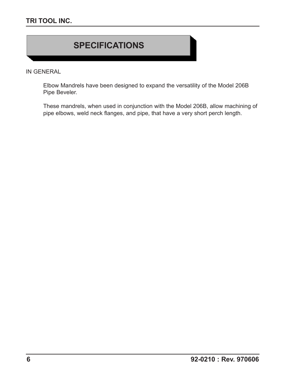 Specifications | Tri Tool 206B Elbow Mandrel User Manual | Page 6 / 17