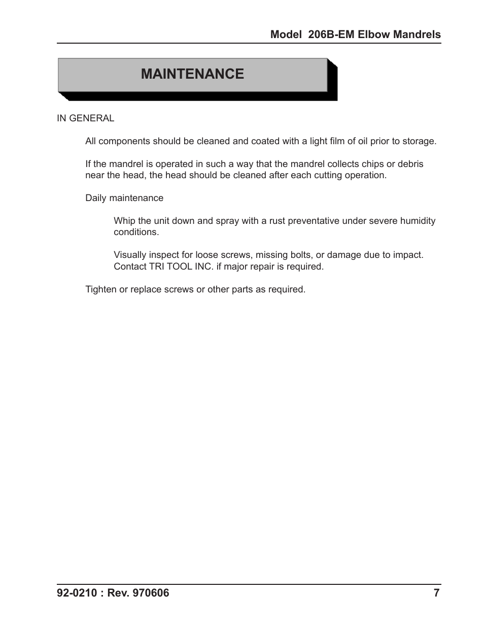 Maintenance | Tri Tool 206B Elbow Mandrel User Manual | Page 7 / 17