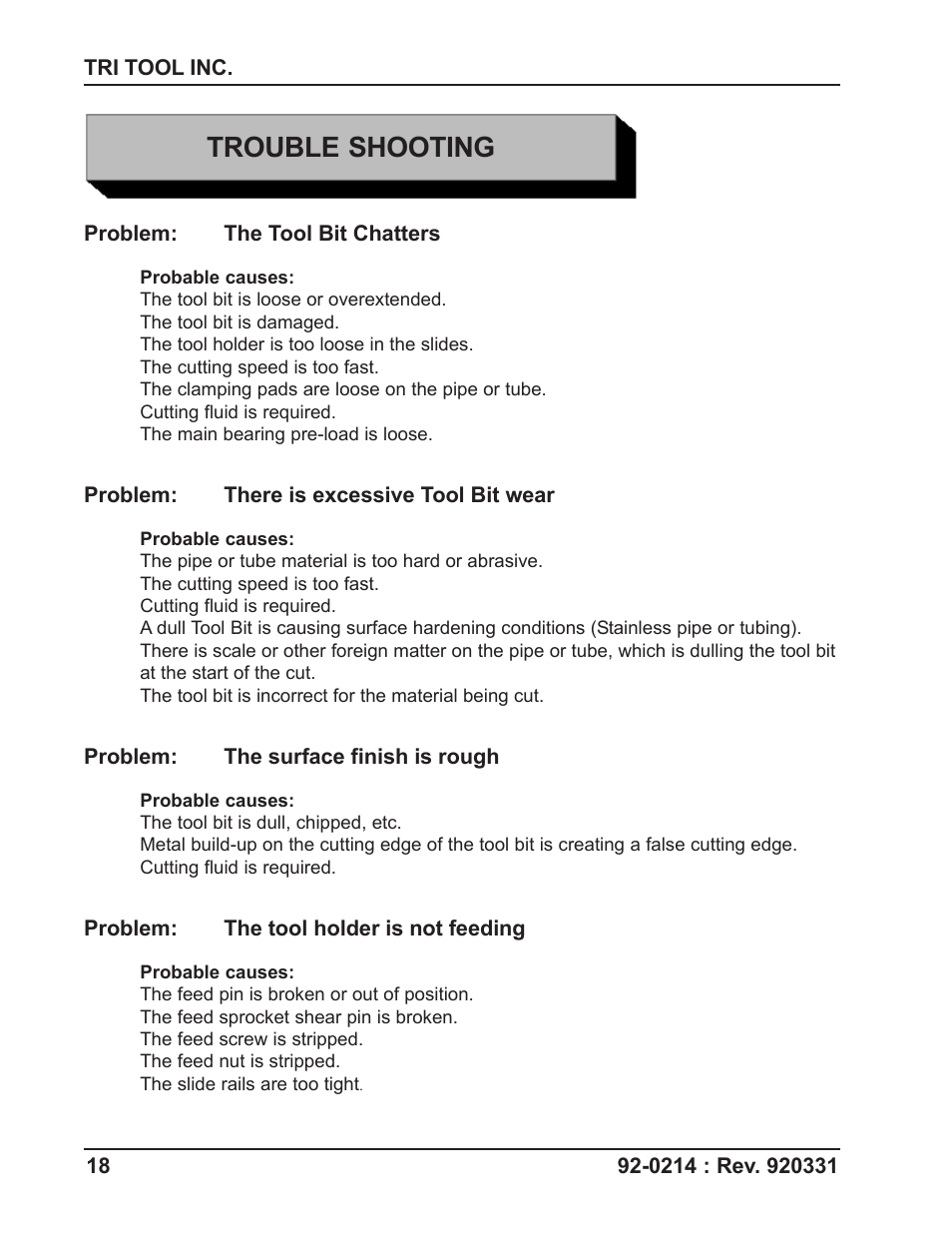 Trouble shooting | Tri Tool 206B Flange Facer User Manual | Page 18 / 22