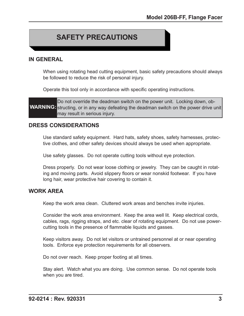 Safety precautions | Tri Tool 206B Flange Facer User Manual | Page 3 / 22