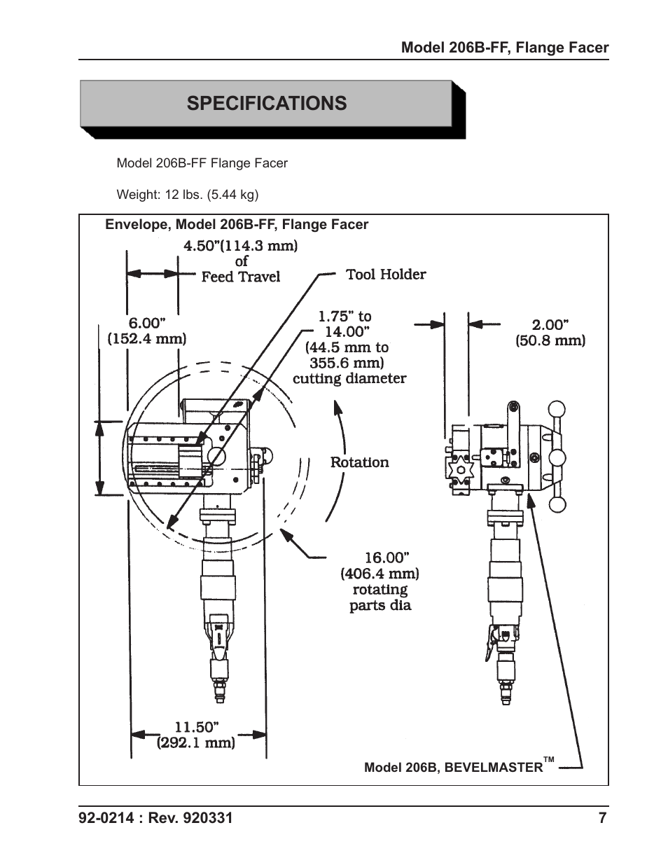 Specifications | Tri Tool 206B Flange Facer User Manual | Page 7 / 22