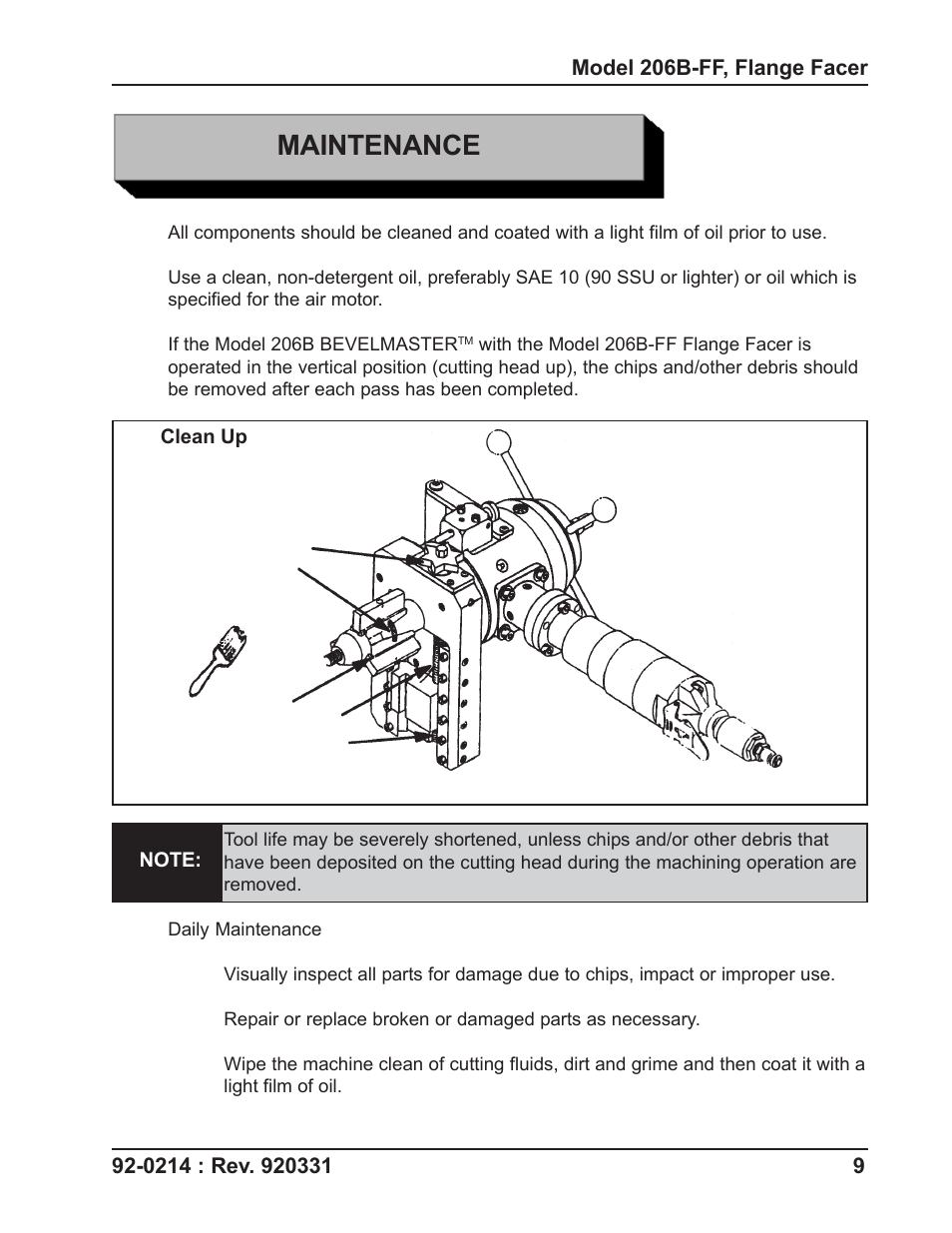 Maintenance | Tri Tool 206B Flange Facer User Manual | Page 9 / 22