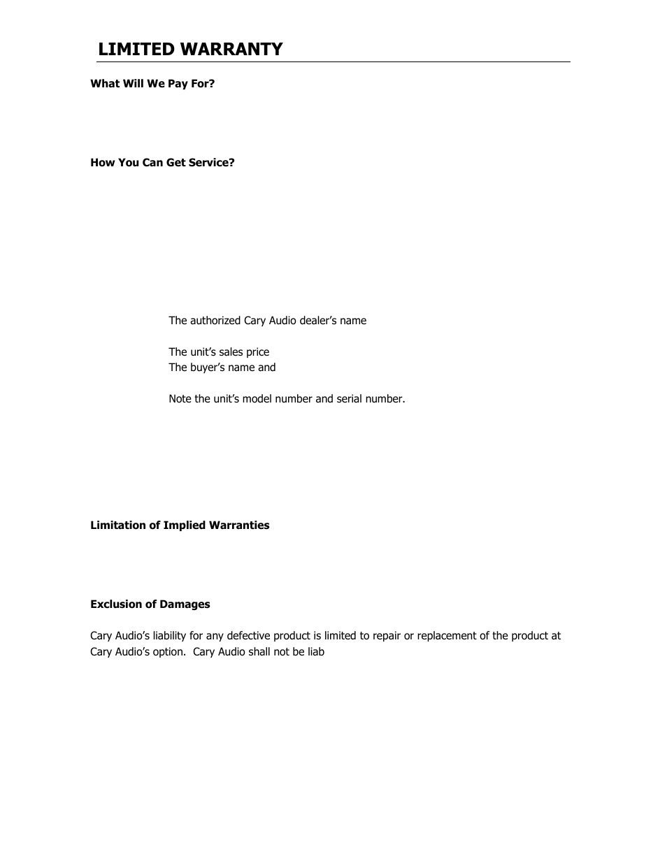 Limited warranty | Cary Audio Design SLP 05 User Manual | Page 20 / 22