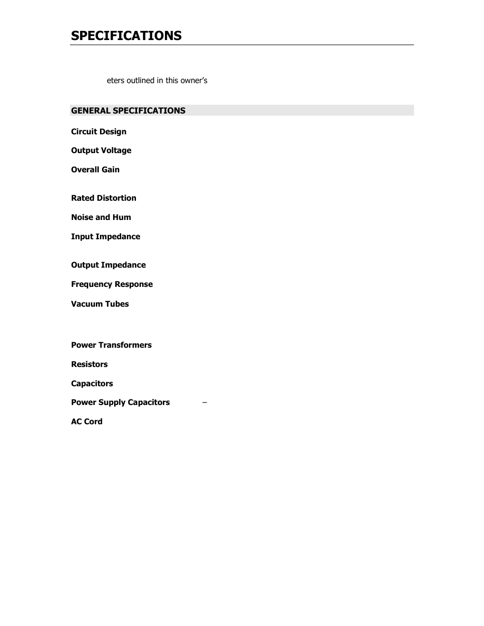 Specifications | Cary Audio Design SLP 05 User Manual | Page 8 / 22
