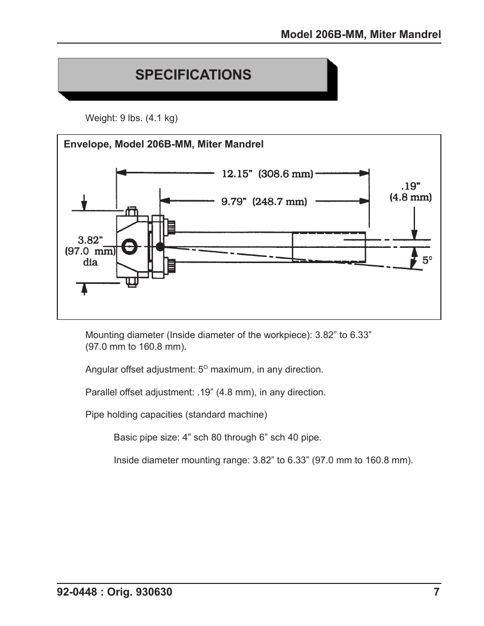 Specifications | Tri Tool 206B Miter Mandrel User Manual | Page 7 / 16