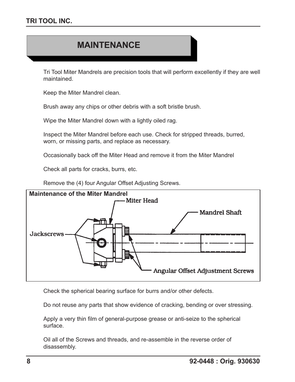 Maintenance | Tri Tool 206B Miter Mandrel User Manual | Page 8 / 16