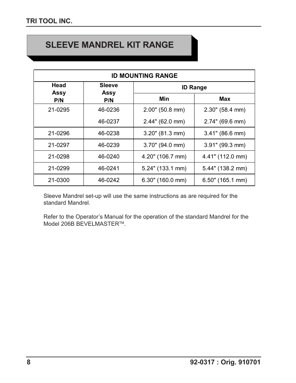 Sleeve mandrel kit range | Tri Tool 206B Sleeve Mandrel User Manual | Page 8 / 13