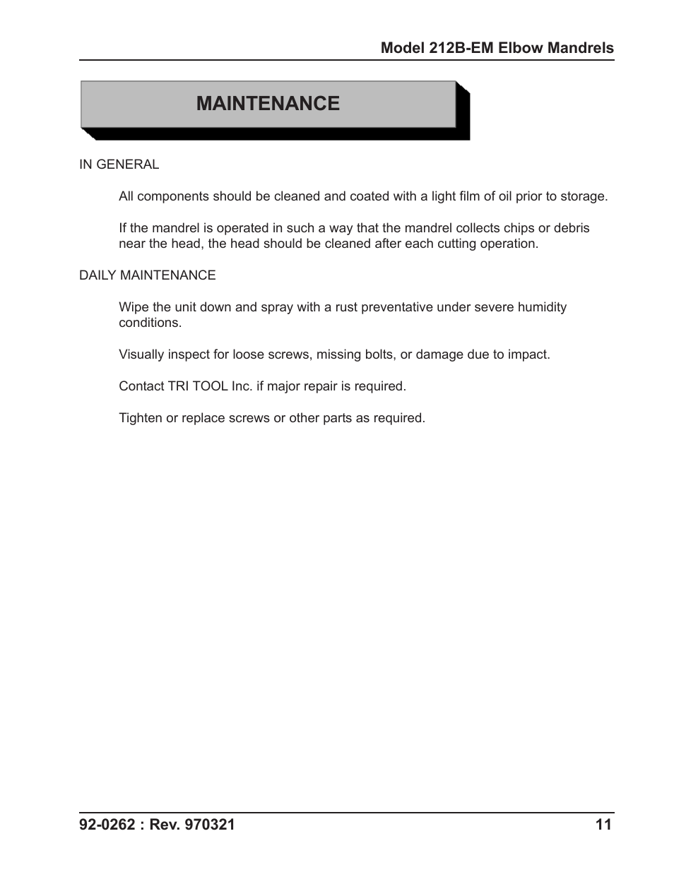 Maintenance | Tri Tool 212B Elbow Mandrel User Manual | Page 11 / 16
