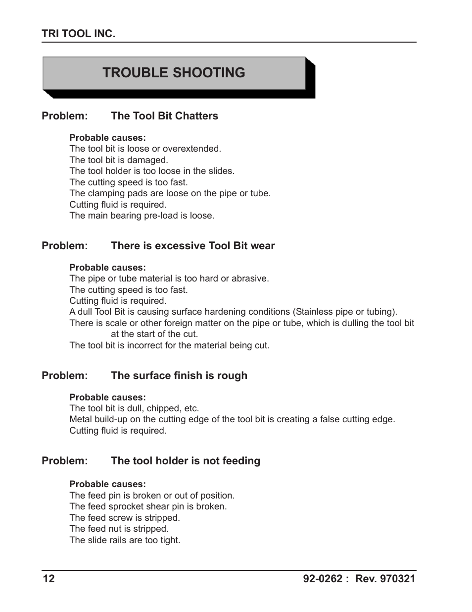 Trouble shooting | Tri Tool 212B Elbow Mandrel User Manual | Page 12 / 16