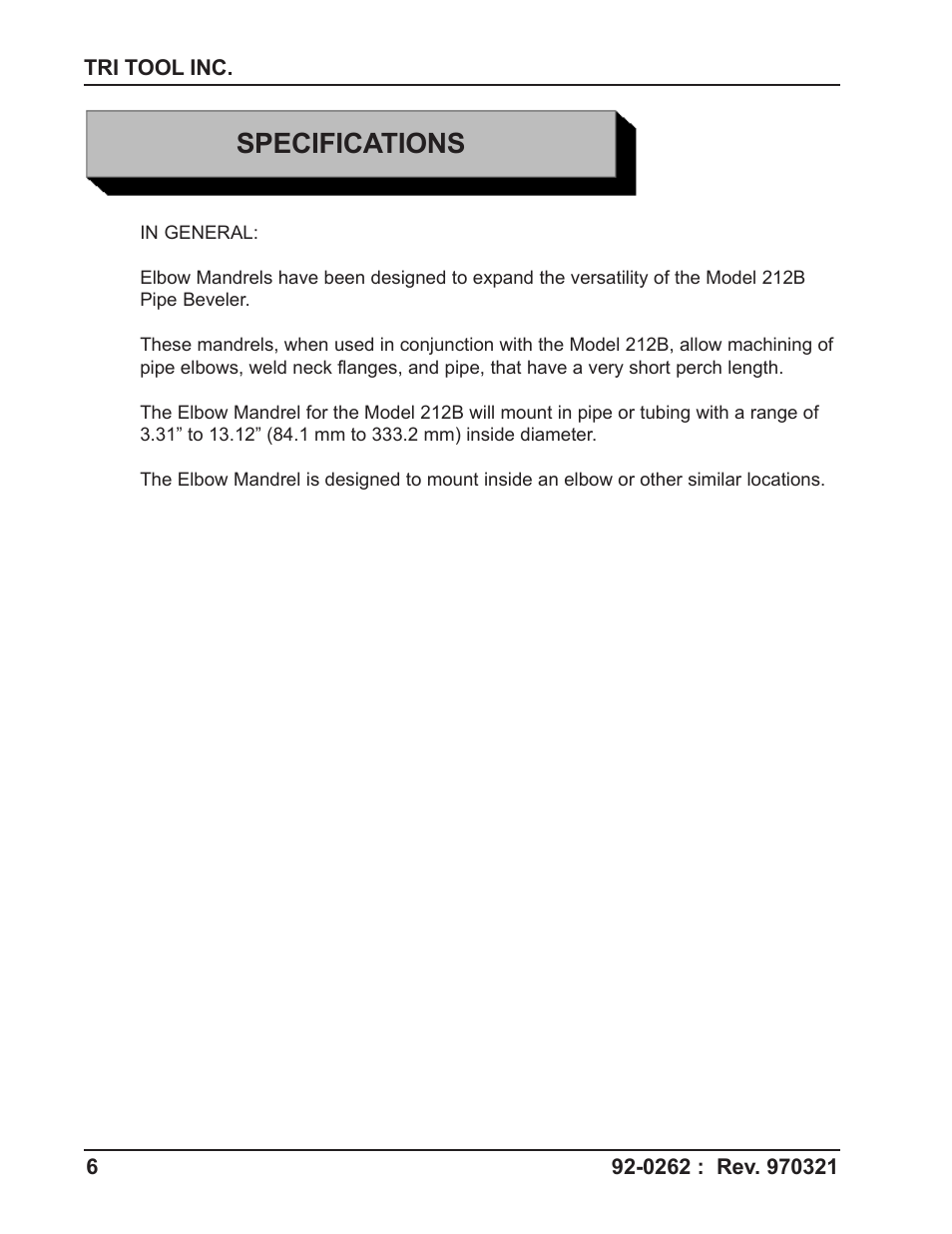 Specifications | Tri Tool 212B Elbow Mandrel User Manual | Page 6 / 16
