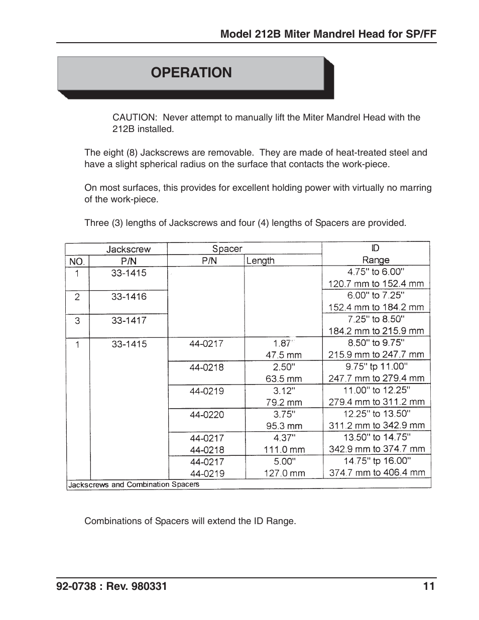 Operation | Tri Tool 212B Single Point Flange Facer Miter Mandrel User Manual | Page 11 / 28