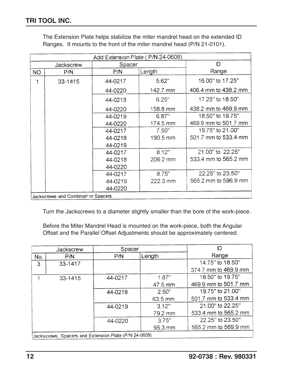 Tri Tool 212B Single Point Flange Facer Miter Mandrel User Manual | Page 12 / 28