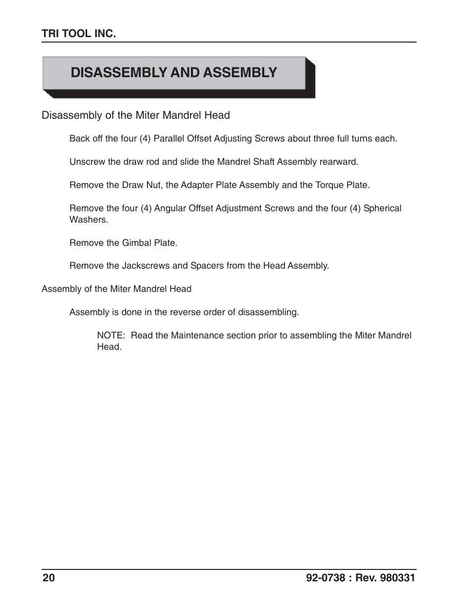 Disassembly and assembly | Tri Tool 212B Single Point Flange Facer Miter Mandrel User Manual | Page 20 / 28
