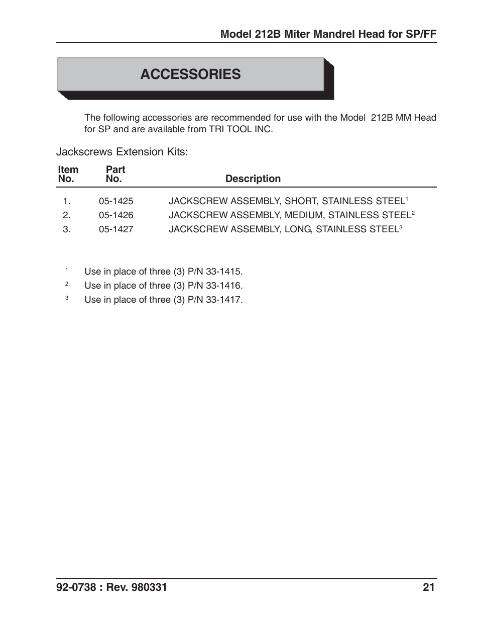 Accessories, Jackscrews extension kits | Tri Tool 212B Single Point Flange Facer Miter Mandrel User Manual | Page 21 / 28