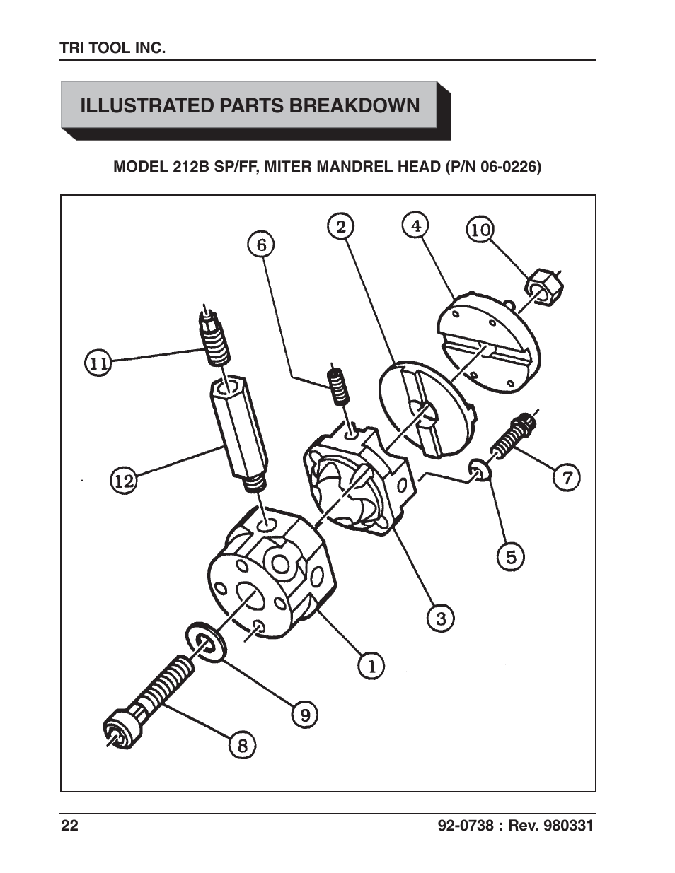 Illustrated parts breakdown | Tri Tool 212B Single Point Flange Facer Miter Mandrel User Manual | Page 22 / 28