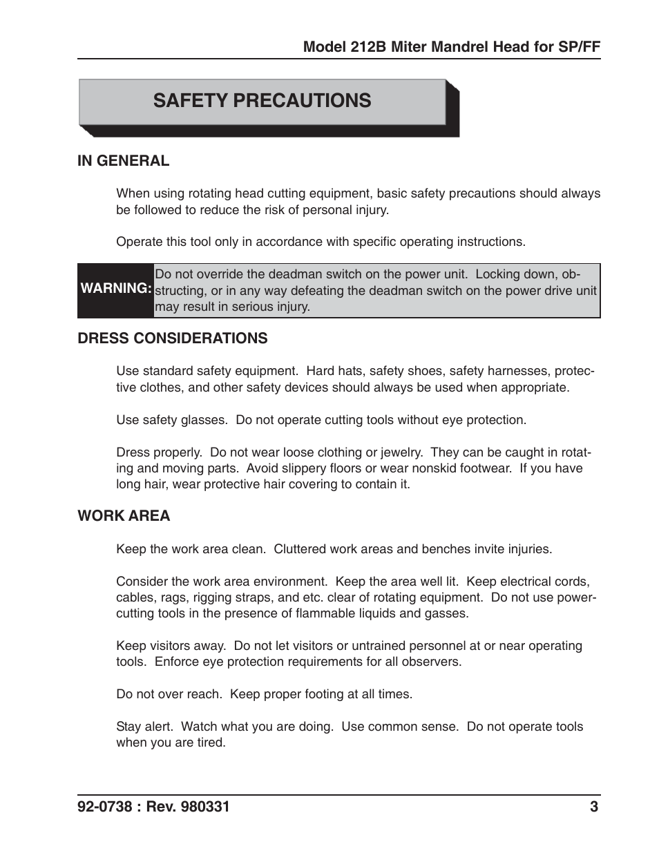 Safety precautions | Tri Tool 212B Single Point Flange Facer Miter Mandrel User Manual | Page 3 / 28