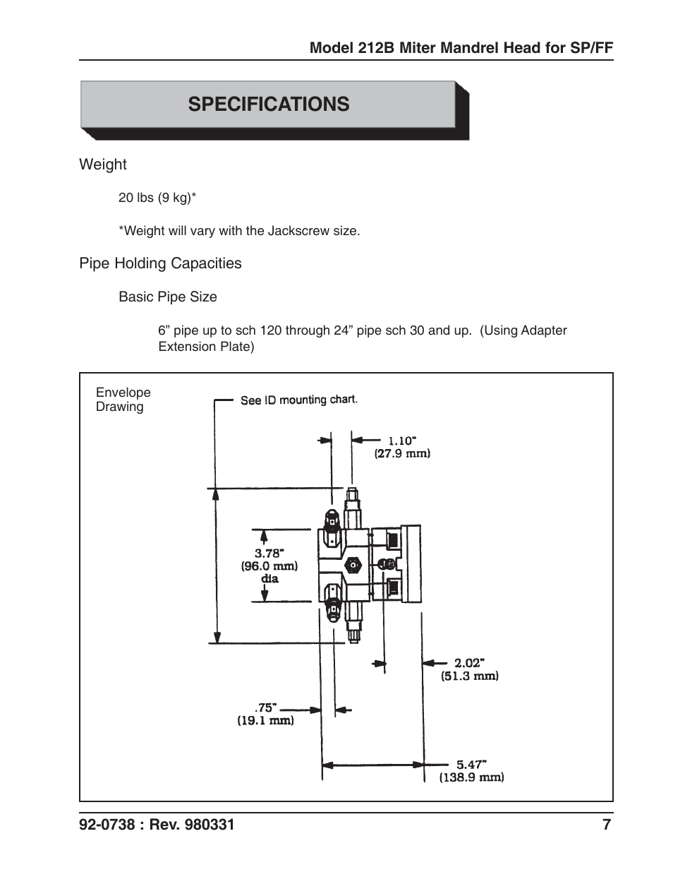 Specifications | Tri Tool 212B Single Point Flange Facer Miter Mandrel User Manual | Page 7 / 28