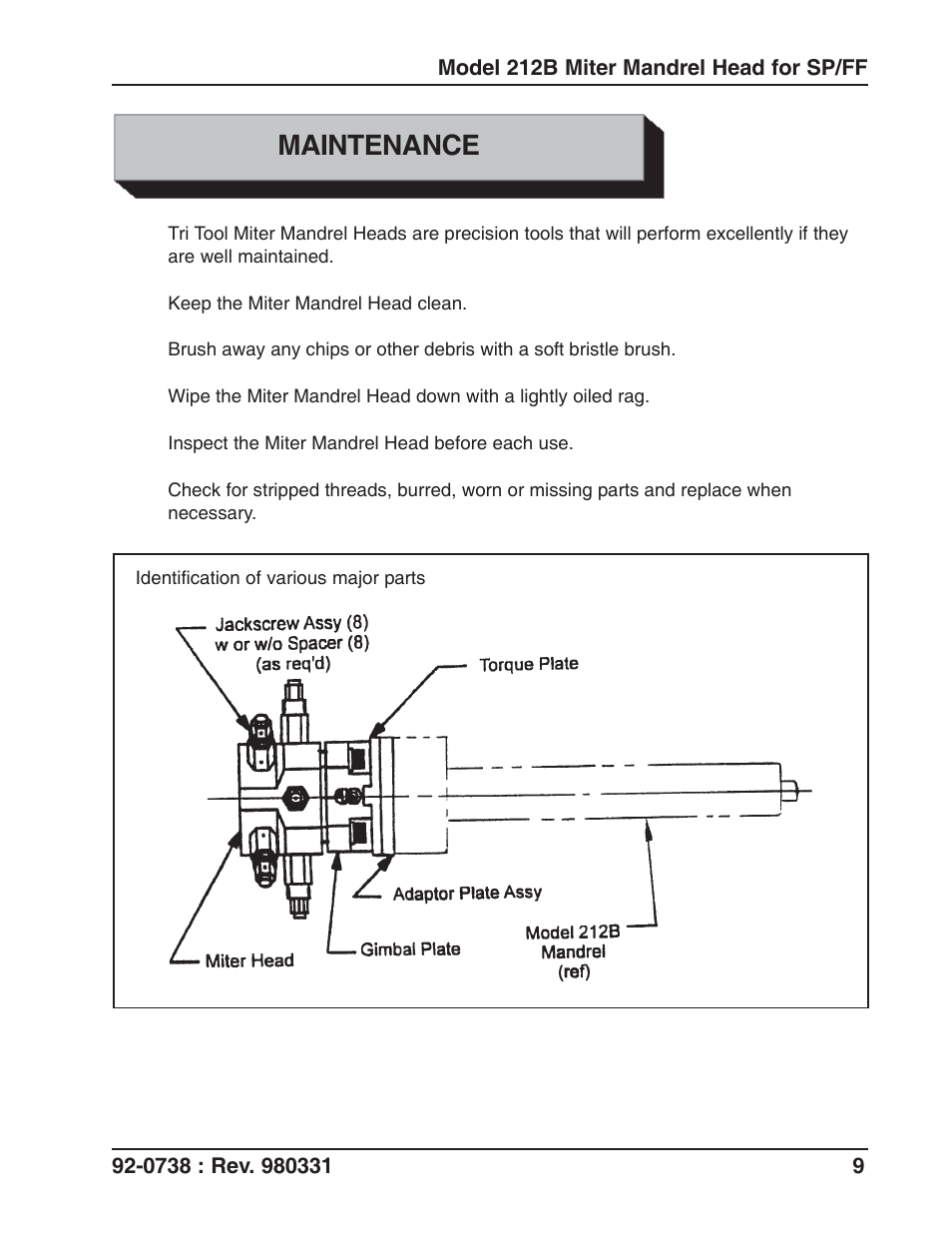 Maintenance | Tri Tool 212B Single Point Flange Facer Miter Mandrel User Manual | Page 9 / 28