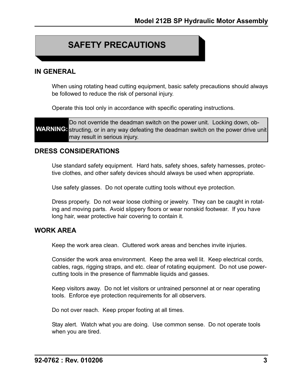 Safety precautions | Tri Tool 212B Single Point Hydraulic Motor Assembly User Manual | Page 3 / 9