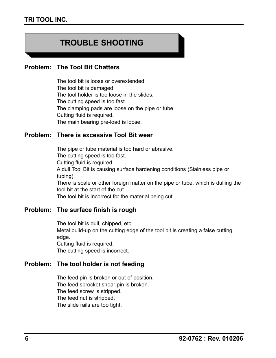 Trouble shooting | Tri Tool 212B Single Point Hydraulic Motor Assembly User Manual | Page 6 / 9