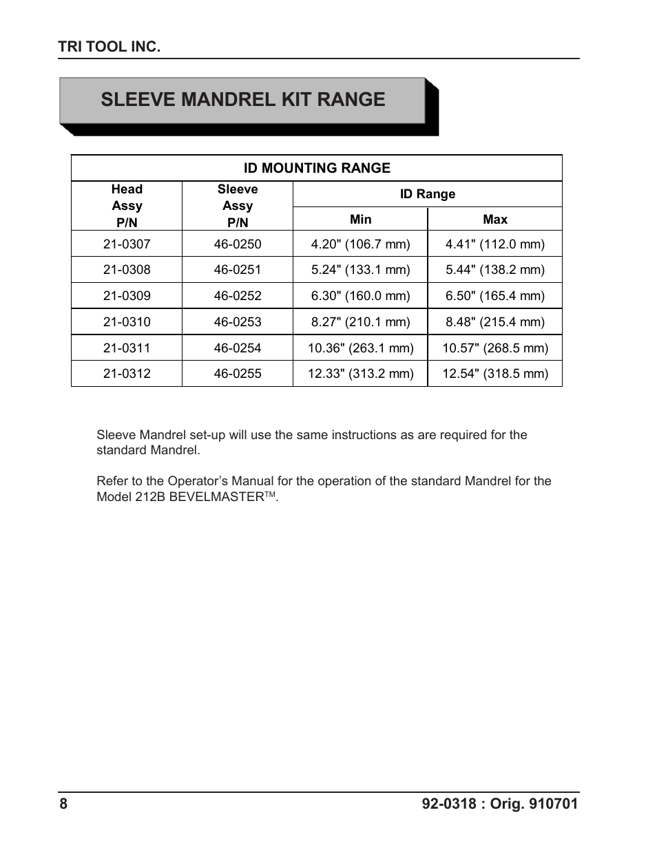 Sleeve mandrel kit range | Tri Tool 212B Sleeve Mandrel User Manual | Page 8 / 12