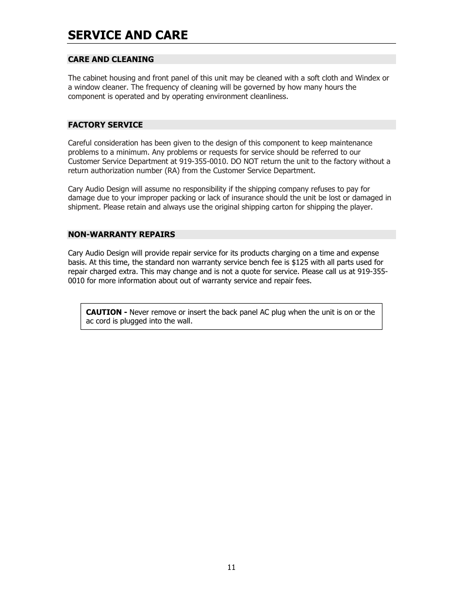 Service and care | Cary Audio Design CAA 1 User Manual | Page 12 / 14