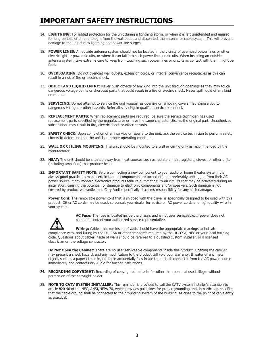 Important safety instructions | Cary Audio Design CAA 1 User Manual | Page 4 / 14