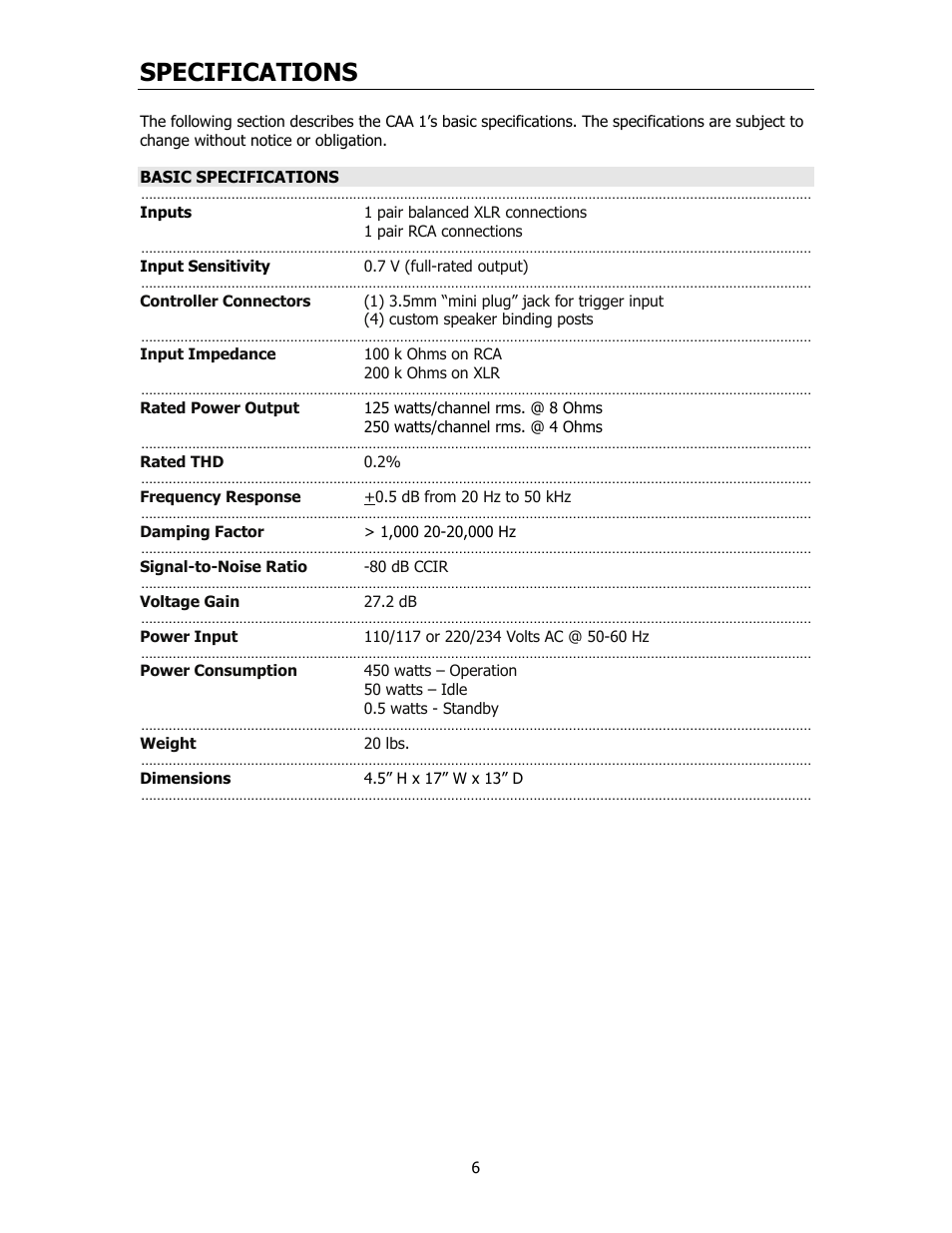 Specifications | Cary Audio Design CAA 1 User Manual | Page 7 / 14