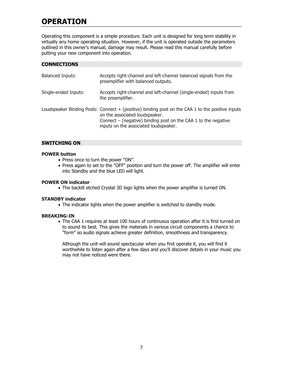 Operation | Cary Audio Design CAA 1 User Manual | Page 8 / 14