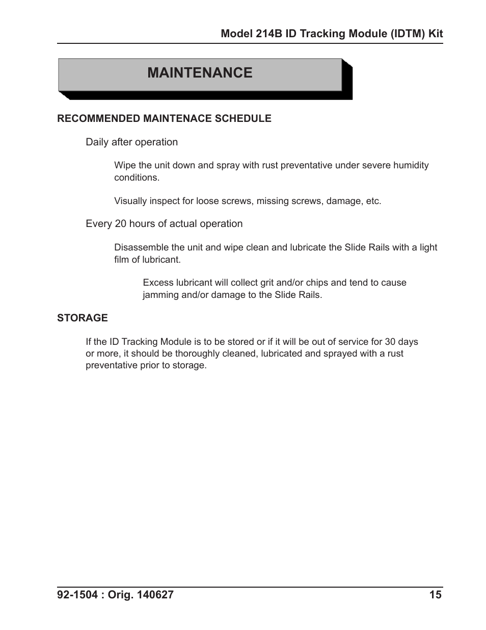 Maintenance | Tri Tool 214B ID Track Module User Manual | Page 15 / 19