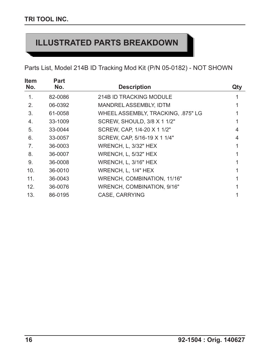 Illustrated parts breakdown | Tri Tool 214B ID Track Module User Manual | Page 16 / 19