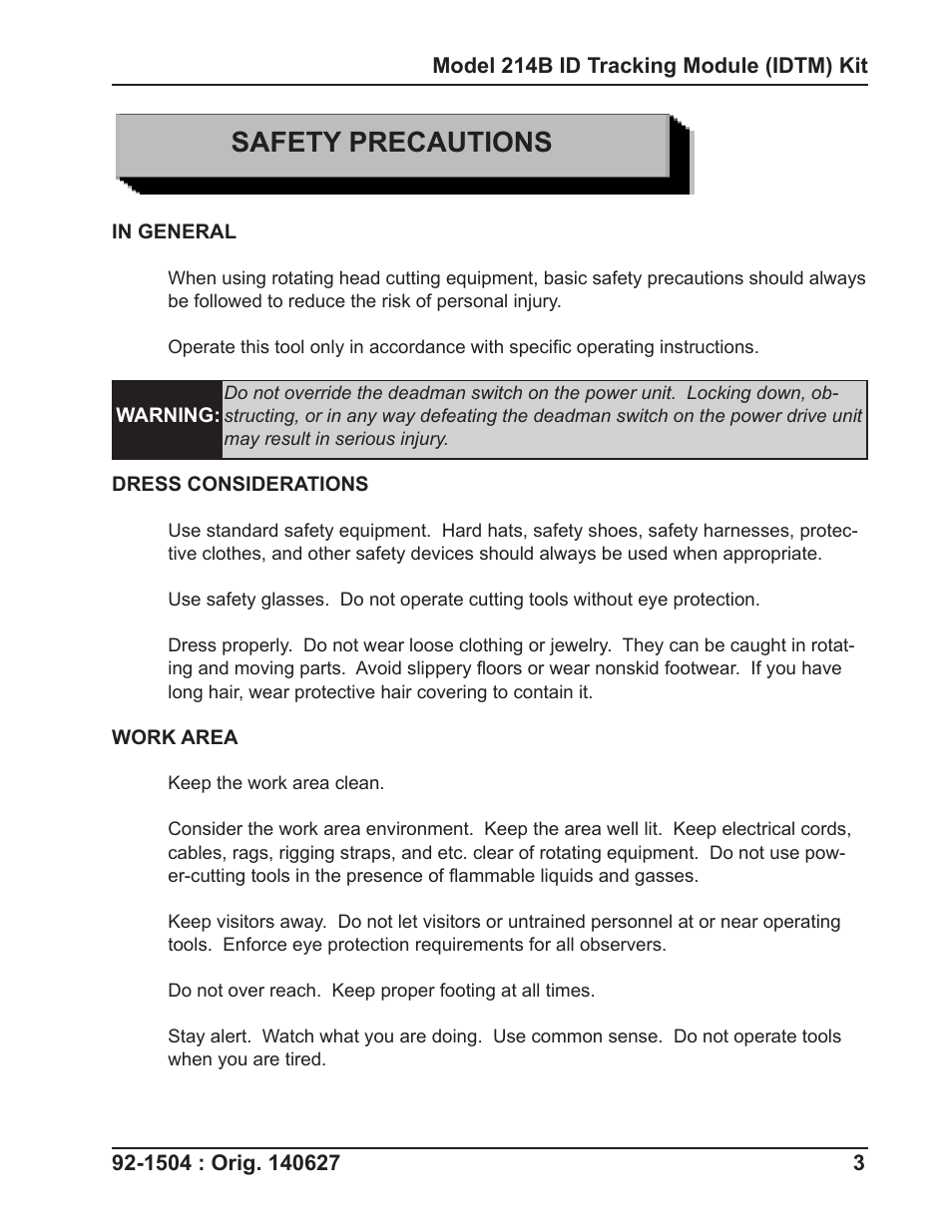 Safety precautions | Tri Tool 214B ID Track Module User Manual | Page 3 / 19