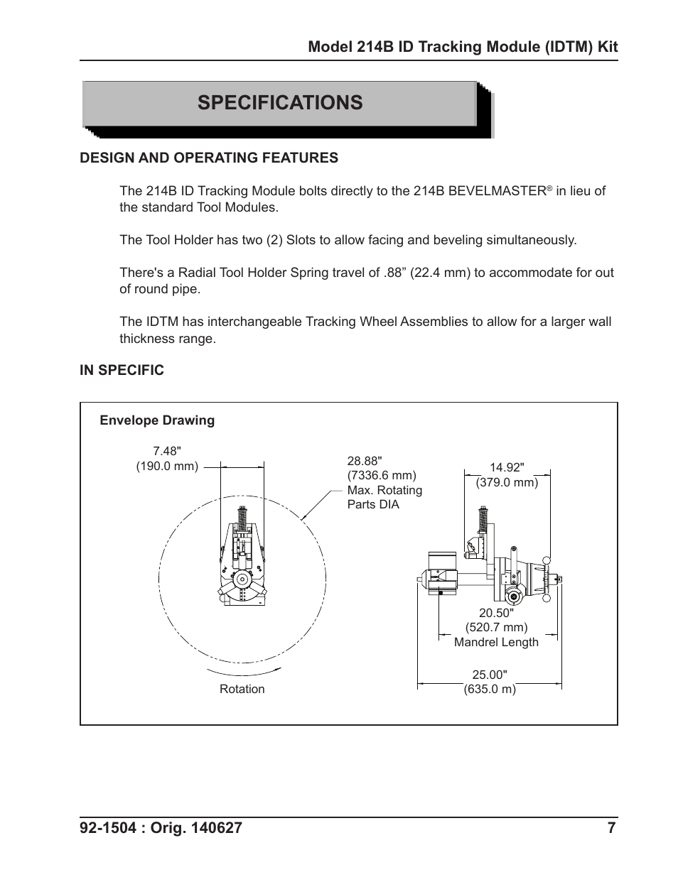 Specifications | Tri Tool 214B ID Track Module User Manual | Page 7 / 19