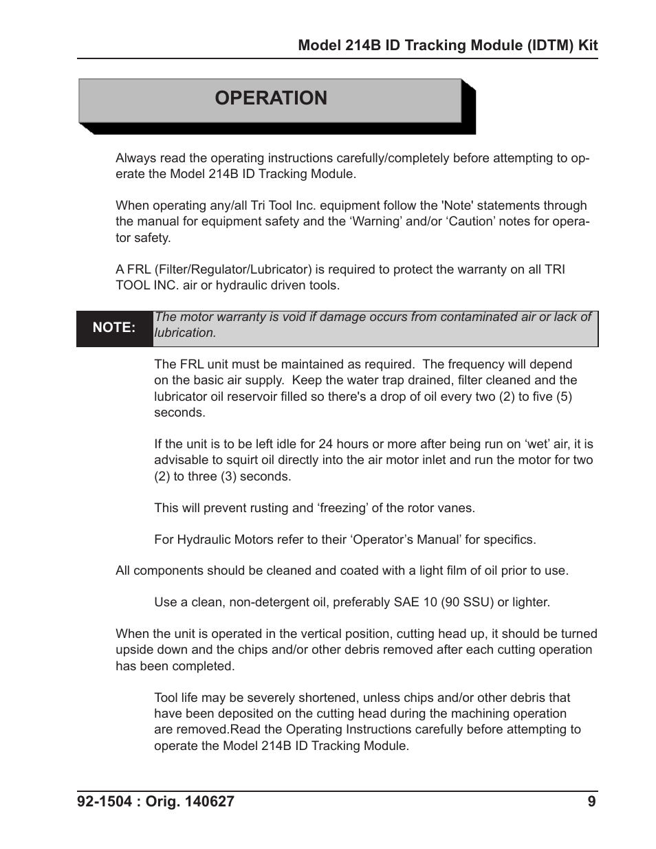 Operation | Tri Tool 214B ID Track Module User Manual | Page 9 / 19