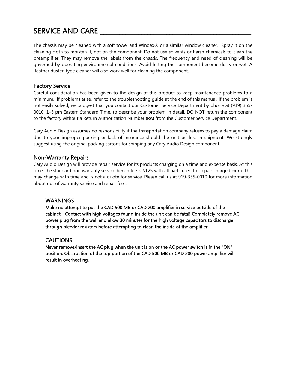 Service and care | Cary Audio Design CAD 500 User Manual | Page 10 / 15