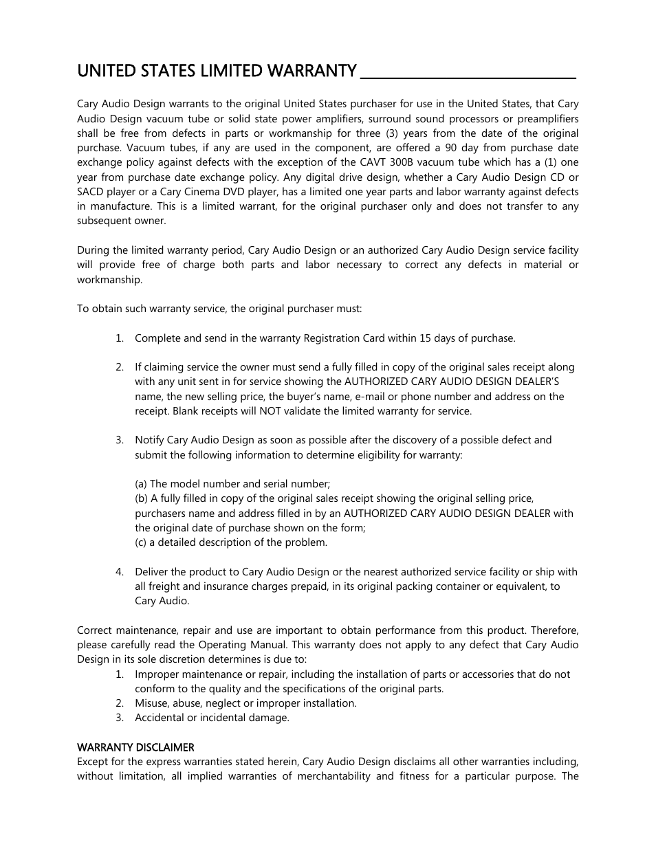 United states limited warranty | Cary Audio Design CAD 500 User Manual | Page 13 / 15