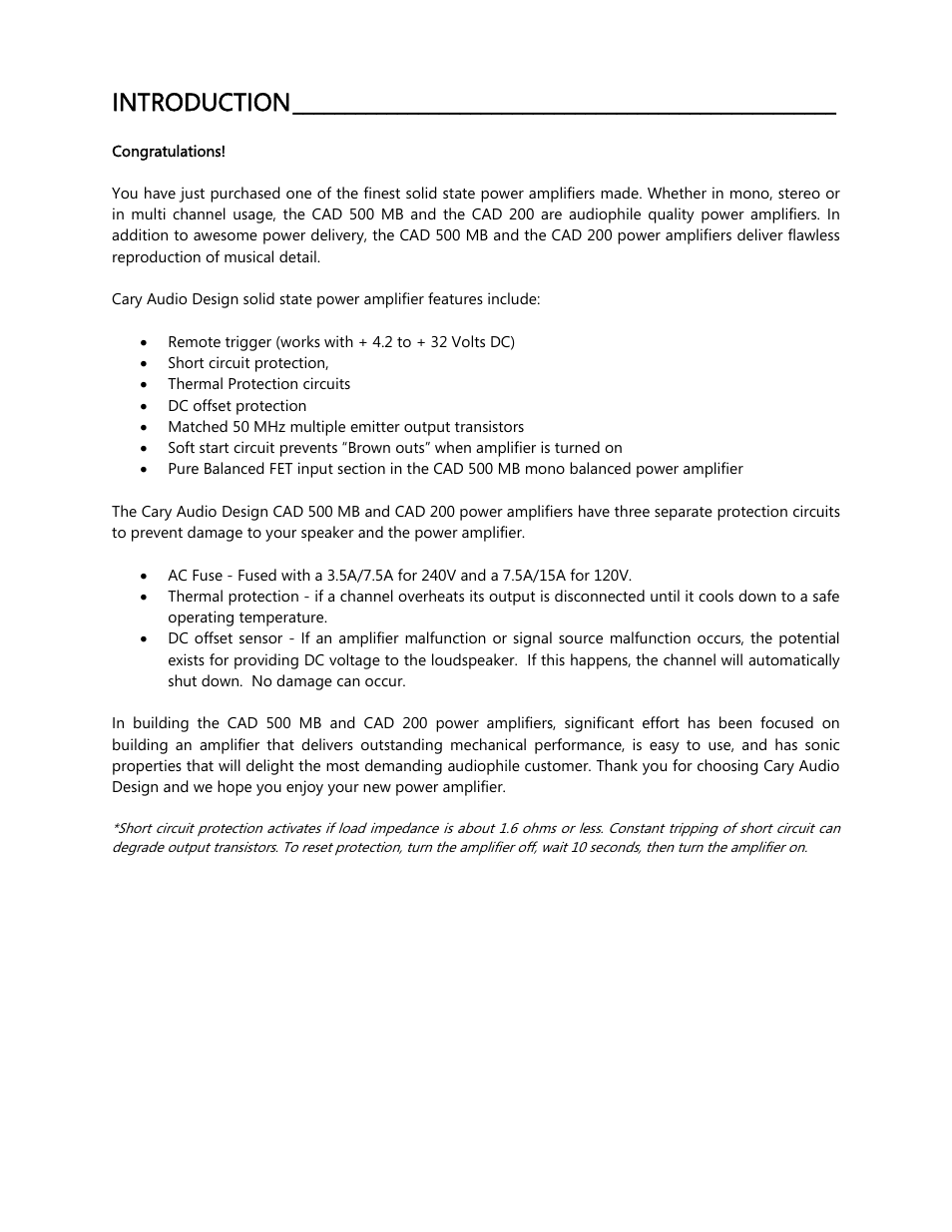 Introduction | Cary Audio Design CAD 500 User Manual | Page 5 / 15