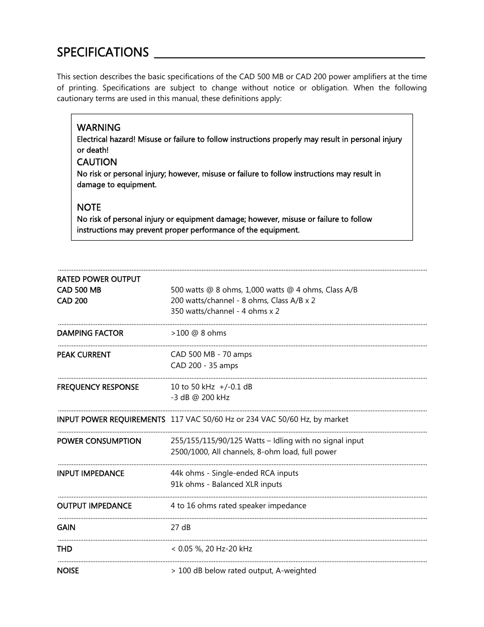 Specifications | Cary Audio Design CAD 500 User Manual | Page 6 / 15