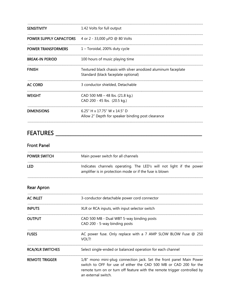 Features | Cary Audio Design CAD 500 User Manual | Page 7 / 15