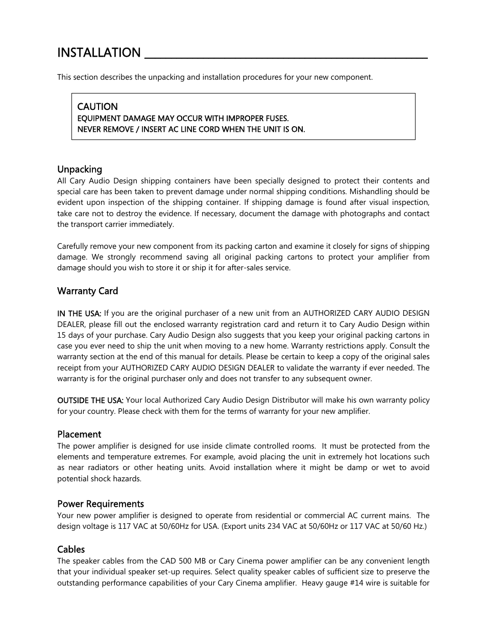 Installation | Cary Audio Design CAD 500 User Manual | Page 8 / 15