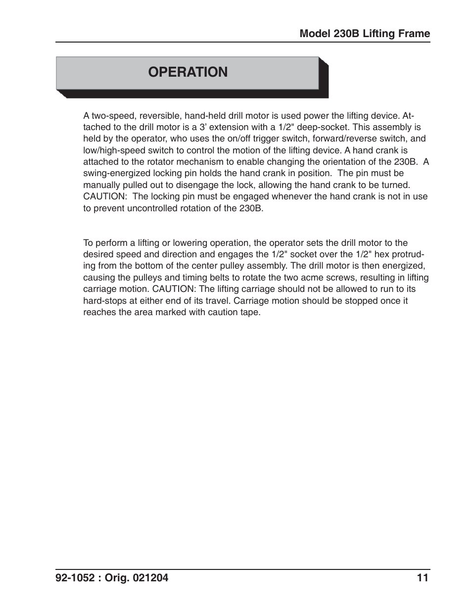 Operation | Tri Tool 230B Lifting Frame User Manual | Page 11 / 19