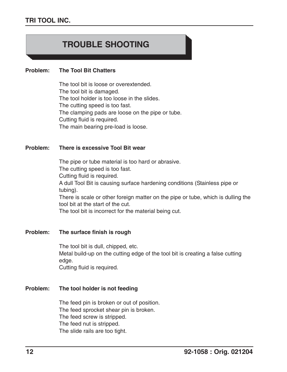 Trouble shooting | Tri Tool 230B Lifting Frame User Manual | Page 12 / 19