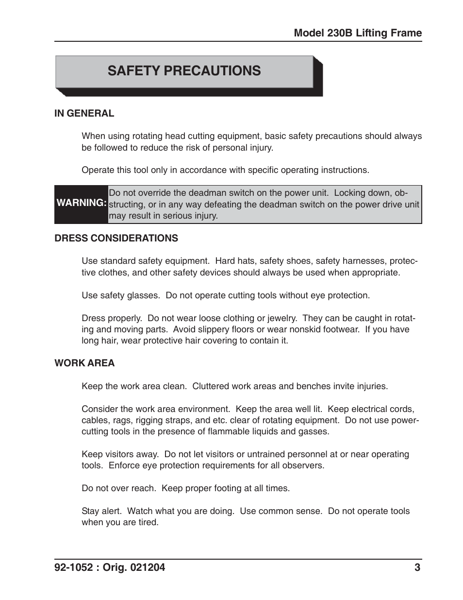 Safety precautions | Tri Tool 230B Lifting Frame User Manual | Page 3 / 19
