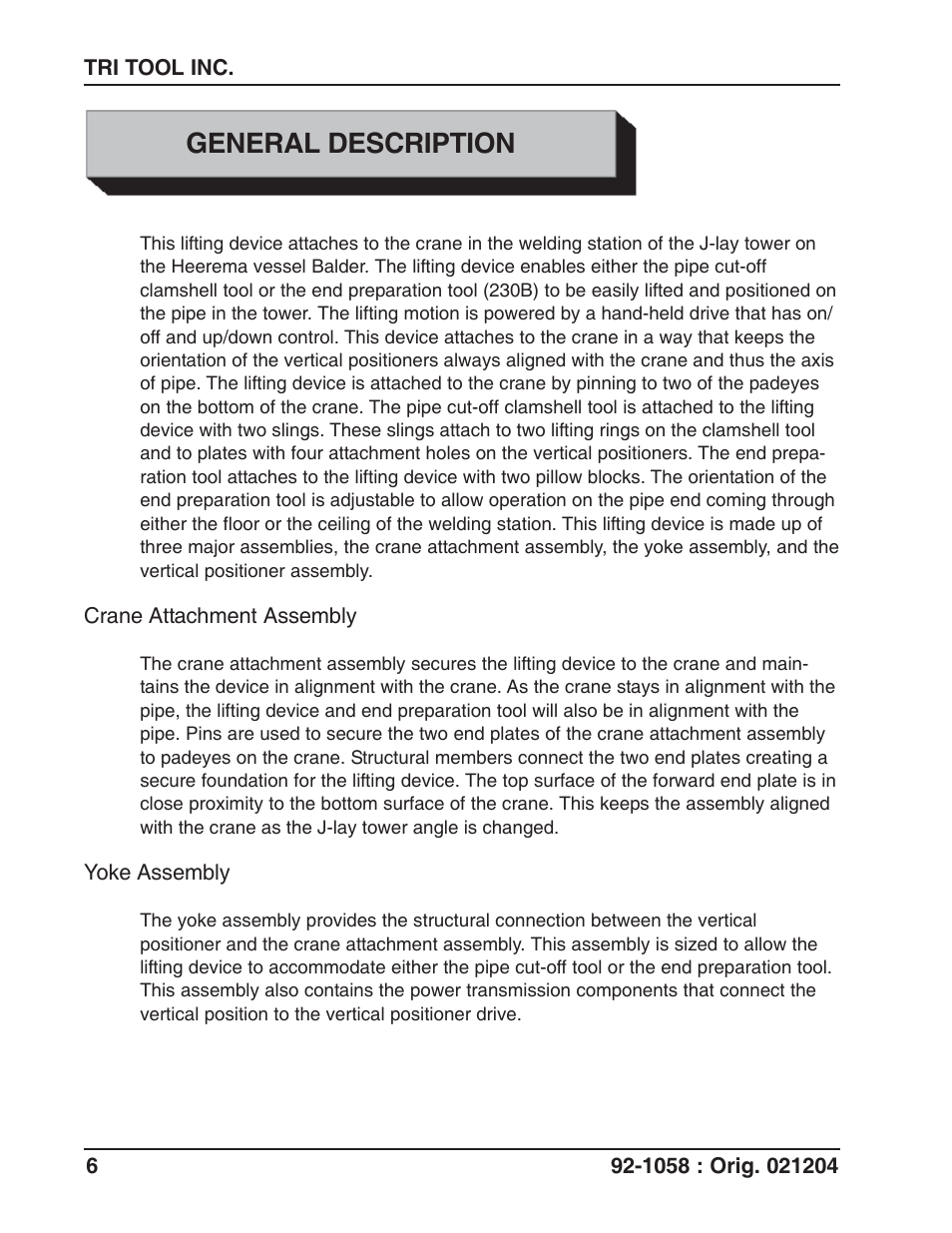 General description | Tri Tool 230B Lifting Frame User Manual | Page 6 / 19