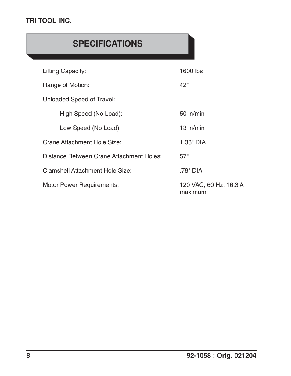 Specifications | Tri Tool 230B Lifting Frame User Manual | Page 8 / 19